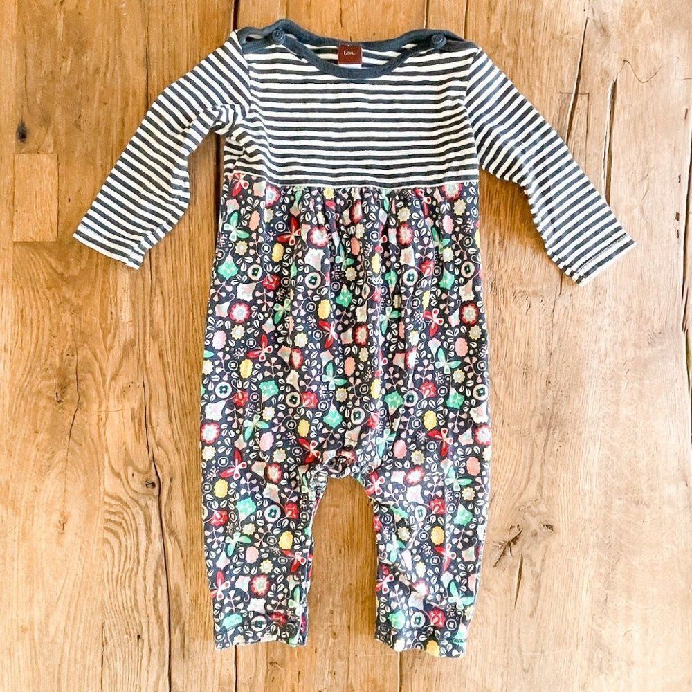 Tea Collection Striped Floral Long Sleeve Romper Size 6-12M
